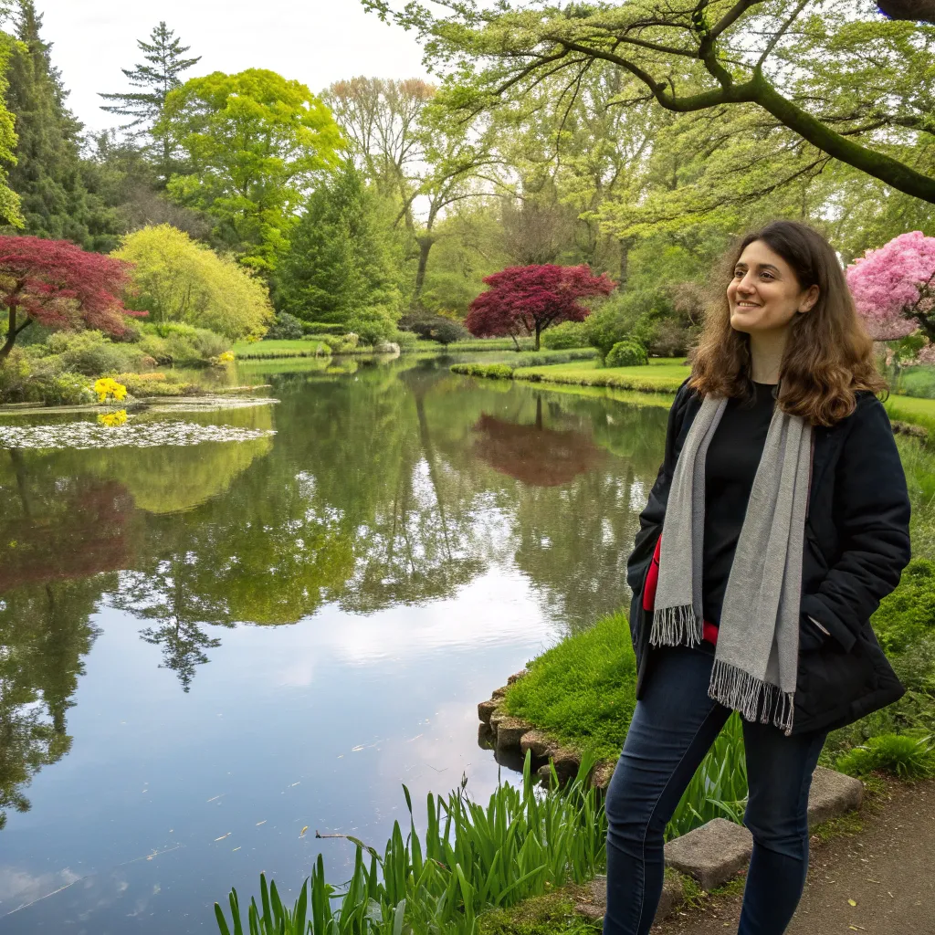 Victoria standing next to a pond she created